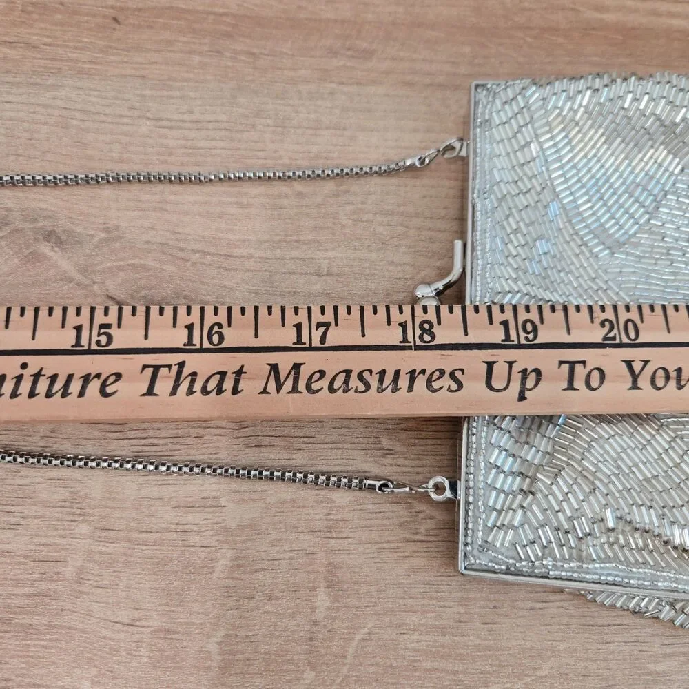 Vintage MAGID Beaded Evening Purse Clutch Silver Kiss Lock Chain Handmade Macau - Picture 9 of 9